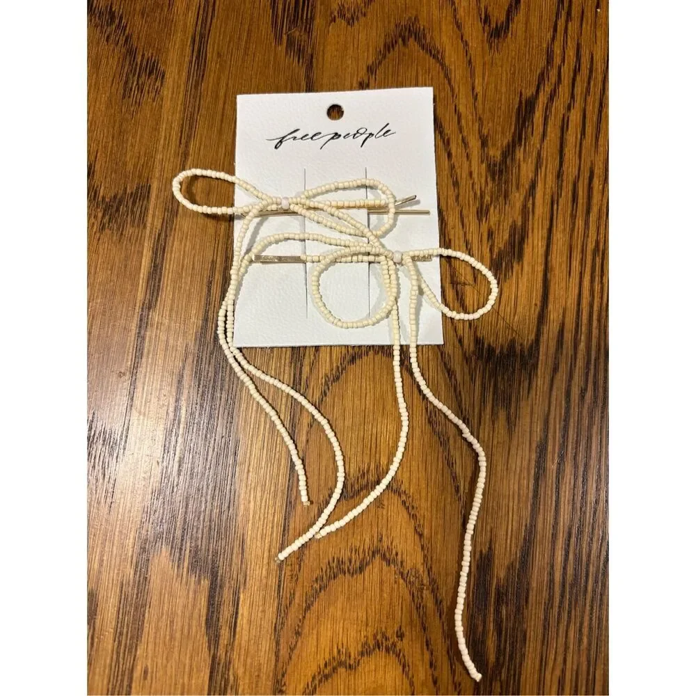 Free People Cream Dainty Beaded Bow Hair Clips NWT